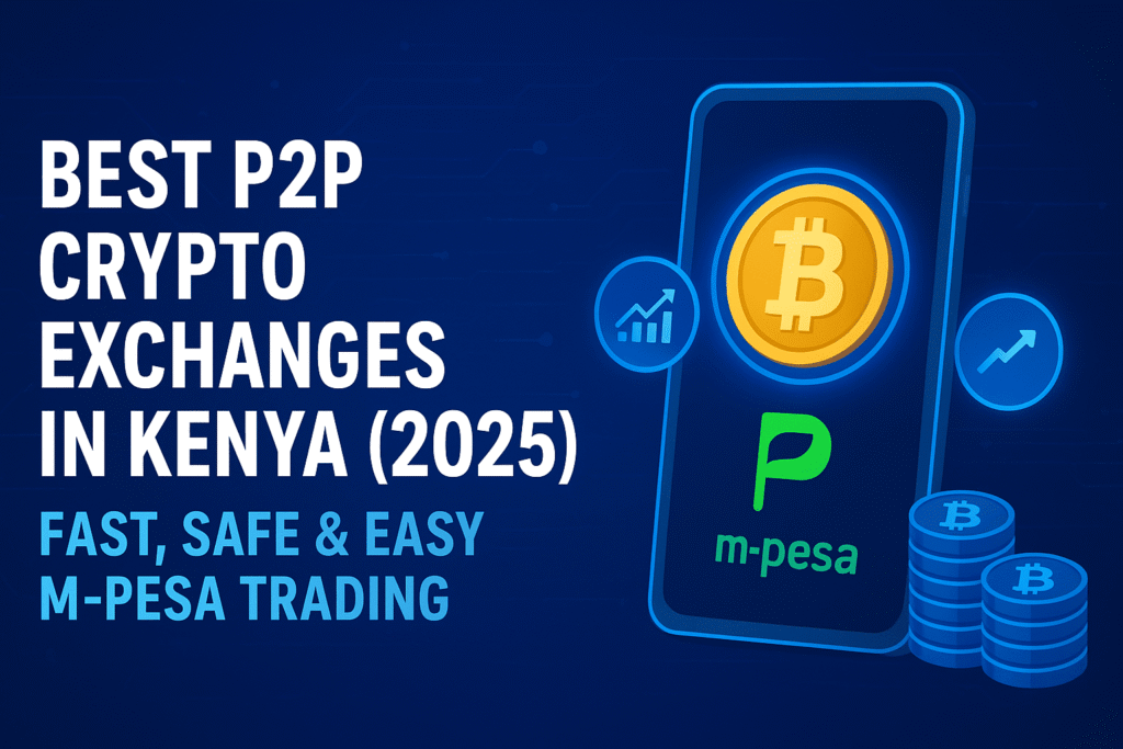 Futuristic banner showing Best P2P Crypto Exchanges in Kenya 2025 with Bitcoin, M-Pesa icons and digital trading graphics
